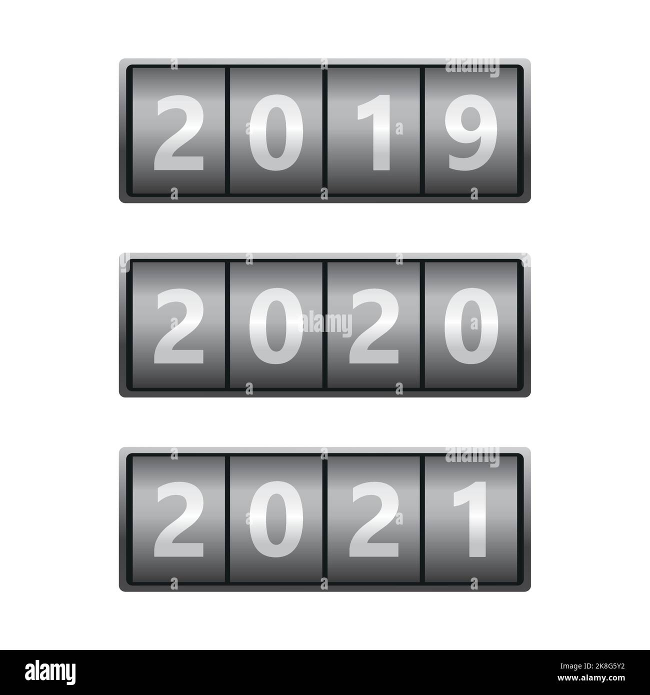 Kalendersatz mit den Jahren 2019, 2020, 2021. Flip Board Countdown-Timer mit Jahreszahl. Happy New Year Konzept. Realistische Jahresanzeige. Vektor Stock Vektor