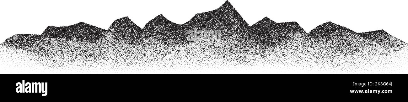 Berge mit Getreideverpflällung. Gepunktete Landschaft und Gelände. Schwarz-weiß körnige Hügel im Dotwork-Stil. Störende stochastische Hintergrundgeräusche. Pointillismus Stock Vektor