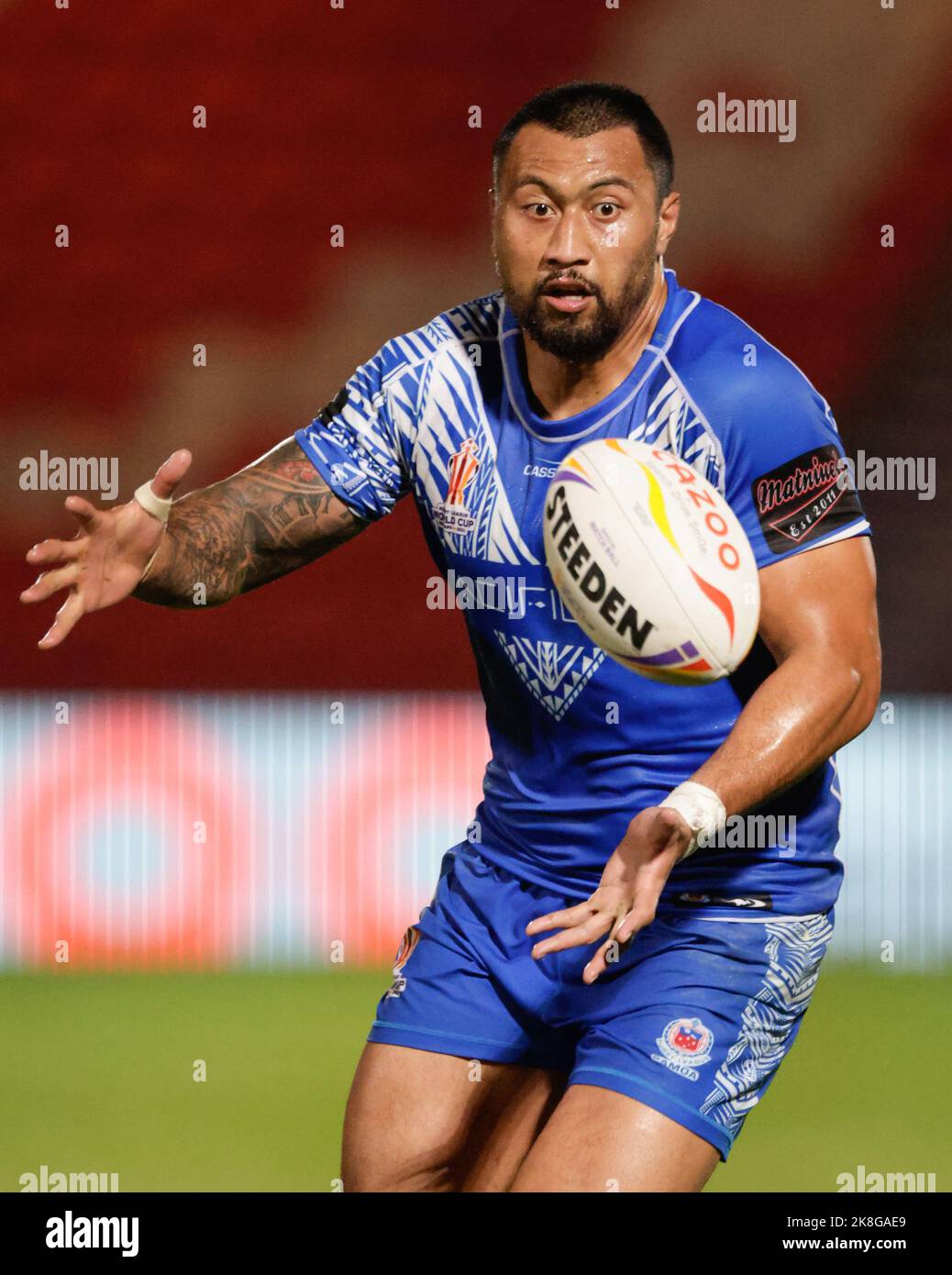 Die Ligi Sao von Samoa während des Rugby-League-Weltcup-Spiels der Gruppe A im Eco-Power Stadium, Doncaster. Bilddatum: Sonntag, 23. Oktober 2022. Stockfoto