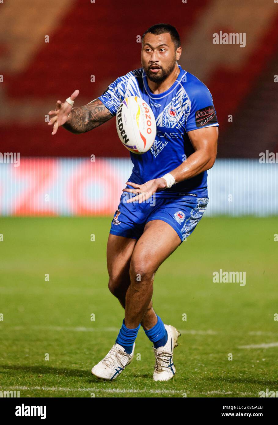 Die Ligi Sao von Samoa während des Rugby-League-Weltcup-Spiels der Gruppe A im Eco-Power Stadium, Doncaster. Bilddatum: Sonntag, 23. Oktober 2022. Stockfoto