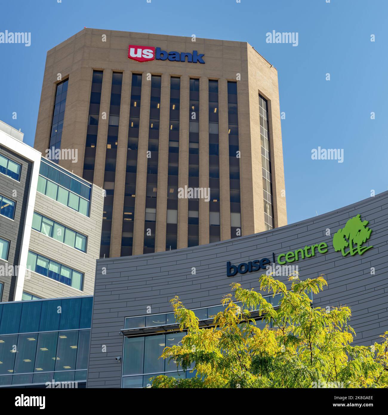 Boise Center auf dem Hain und dem US Bank Building Stockfoto