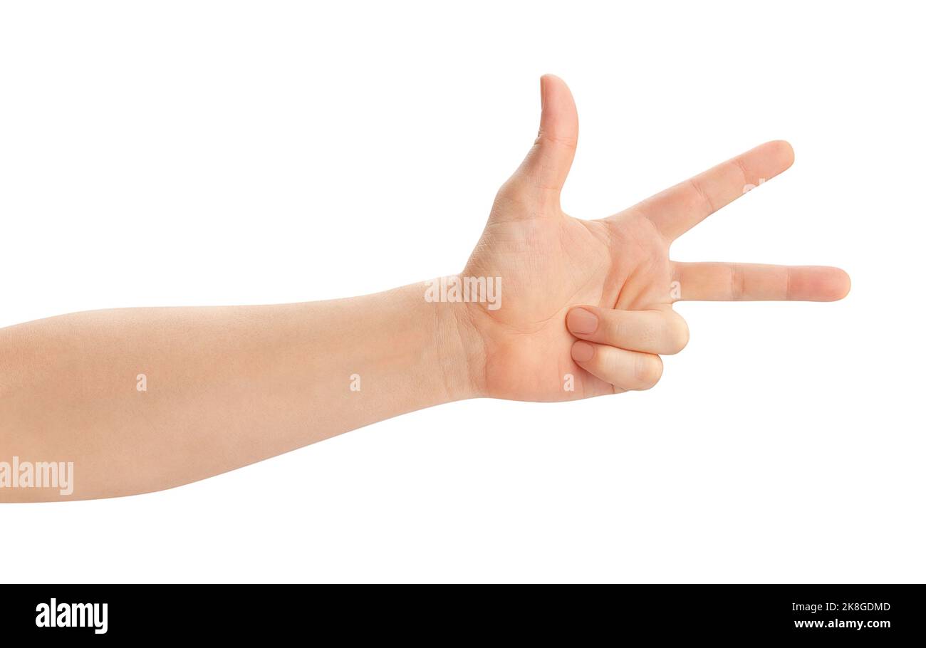 Drei Finger Gestenpfad isoliert auf weiß Stockfoto