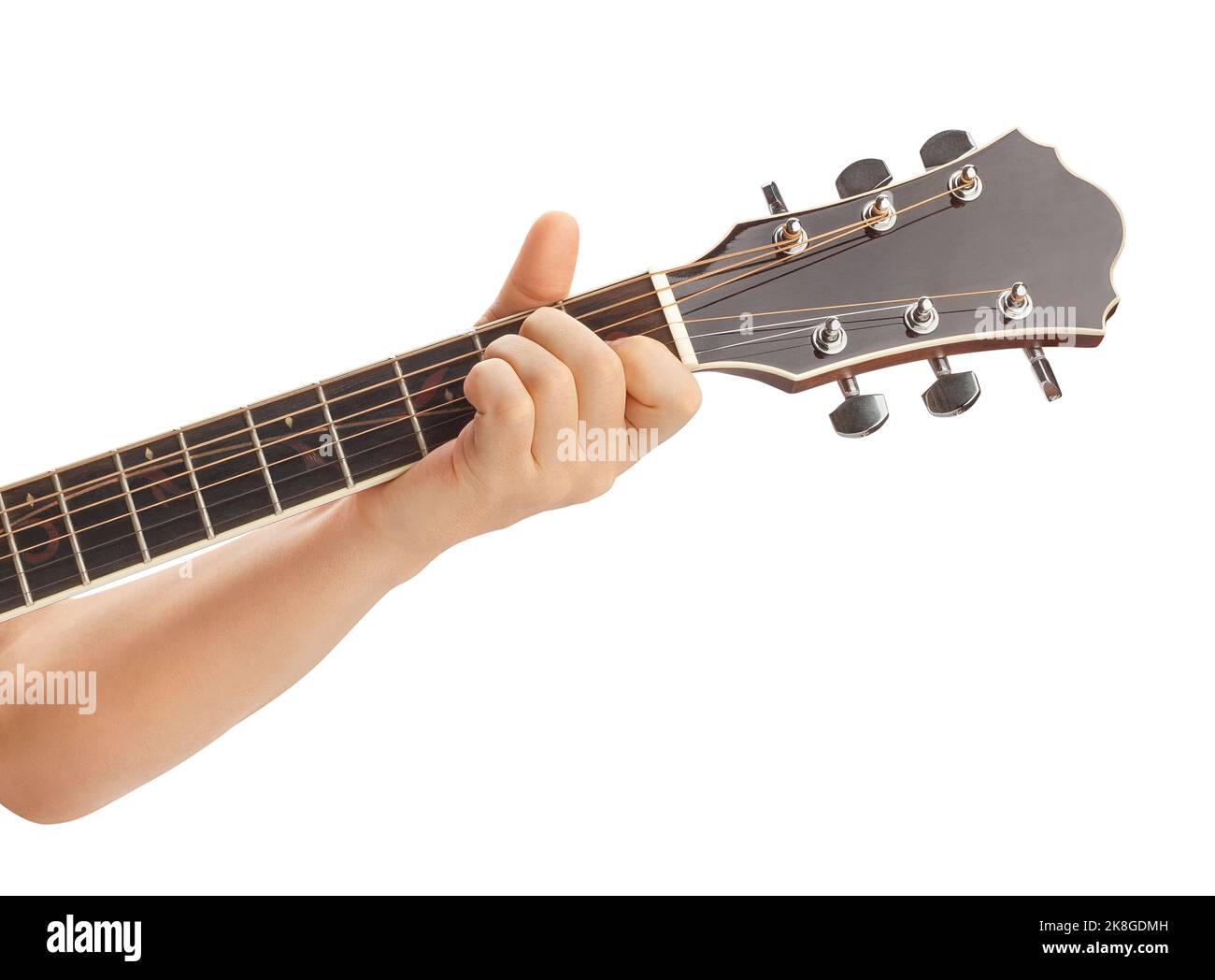 Finger auf Gitarrenweg isoliert auf Weiß Stockfoto