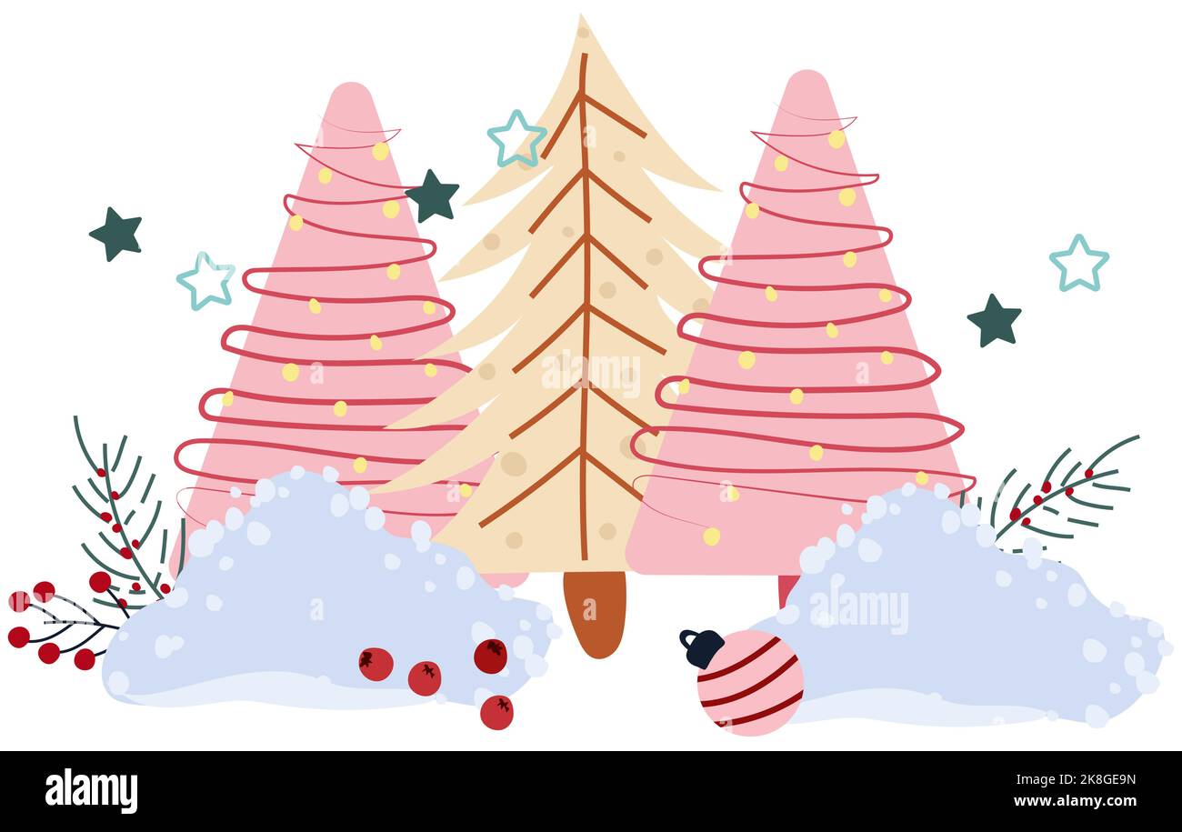 Winterkarte mit buntem Weihnachtsbaum, Schneehäfen, Kiefernästen und anderen. Konzept Weihnachten und Neujahr. Perfekt für Grußkarten, Poster, Postkarten, Banner. Vektor. Stock Vektor
