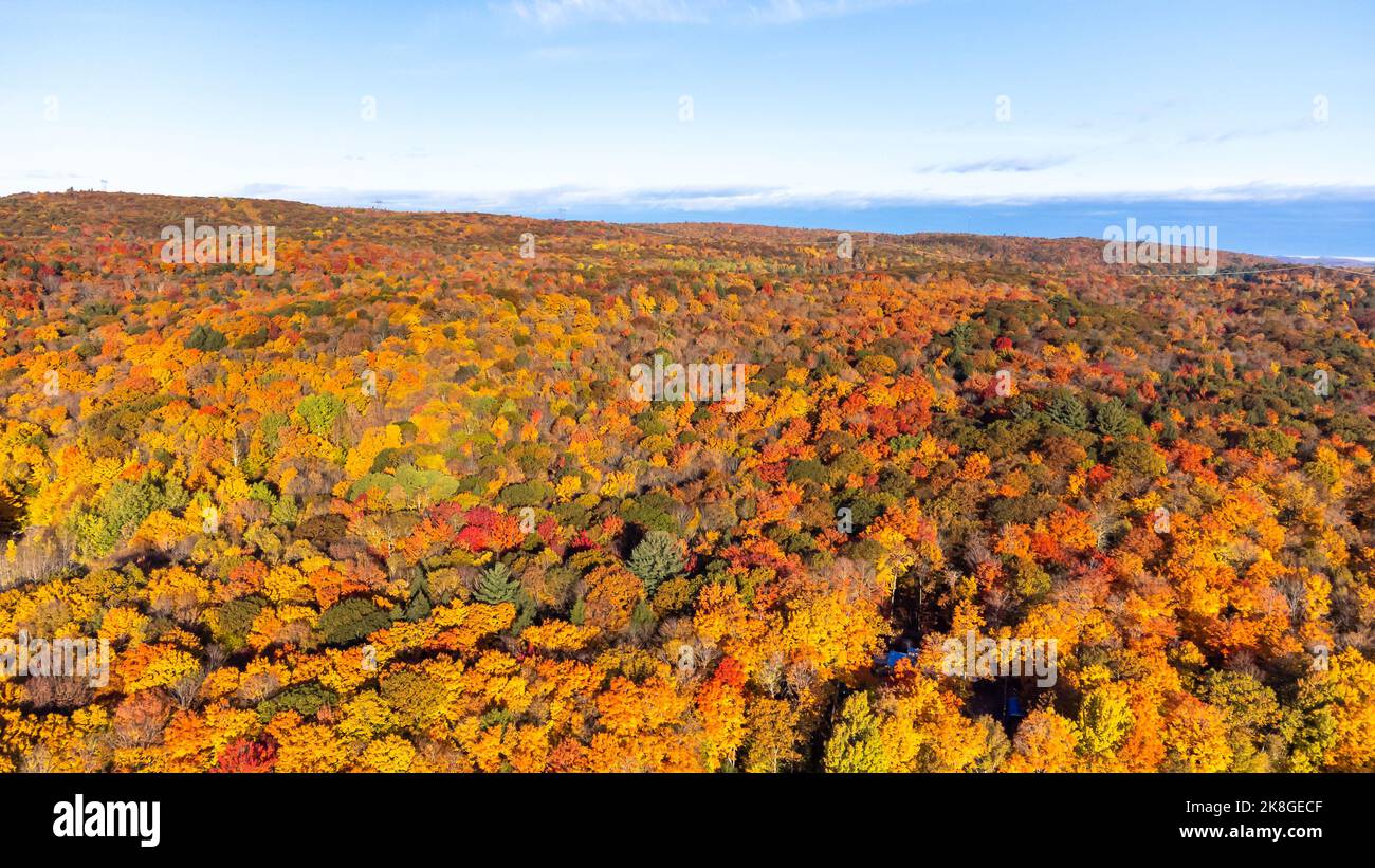 Bunte Berge im Herbst. Herbstlandschaft in Lanaudiere, Quebec, Kanada. Drohne aus der Sicht. Stockfoto