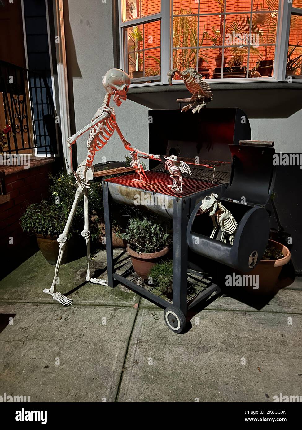 Ein Halloween Skelett Grill Display in einem Vorgarten in Brooklyn, New York. Stockfoto