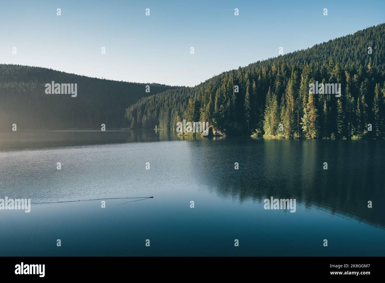 Schwarze Seenlandschaft bei Sonnenaufgang im Durmitor Nationalpark, Zabljak, Montenegro Stockfoto