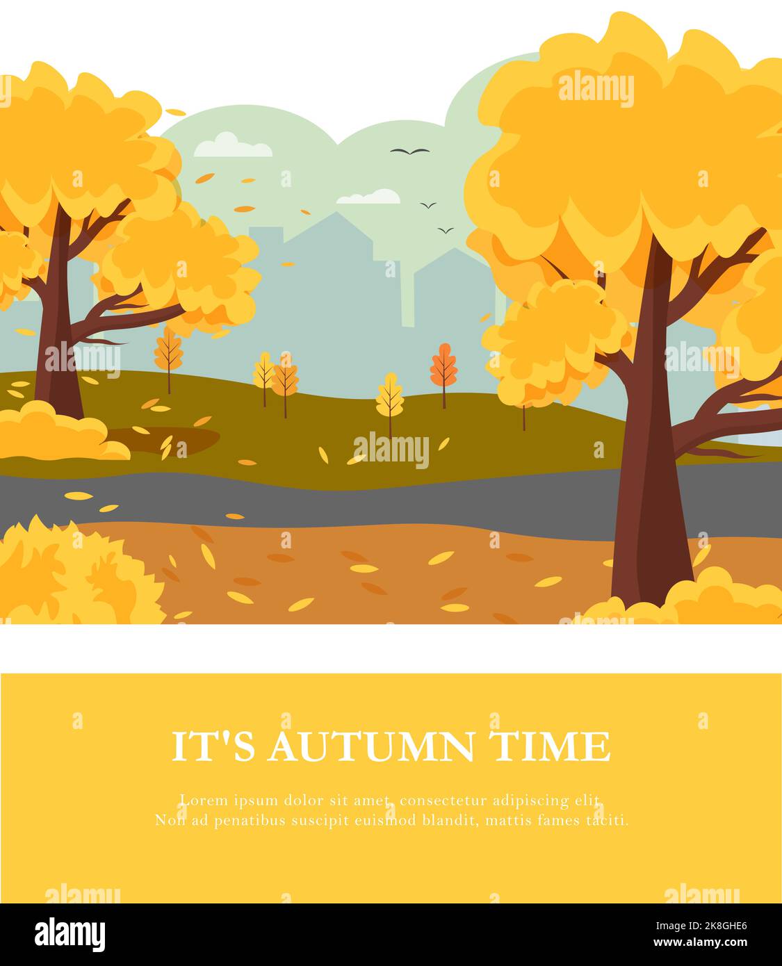 Herbst Stadtpark - Bäume und gefallene Blätter. Postkartenvorlage im Landscape-Format. Vektorzeichnung. Für Dekorationen, Postkarten, Flyer und Broschüren, Verpackungen, Stock Vektor