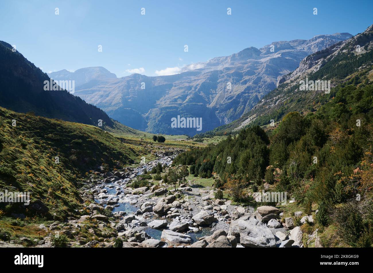 Schneller Fluss mit Felsbrocken, der zwischen dichten Wäldern mit hohen bunten Bäumen und üppigem Laub in der wilden Natur des Valle De Pineta in den Pyrenäen, Spanien, fließt Stockfoto