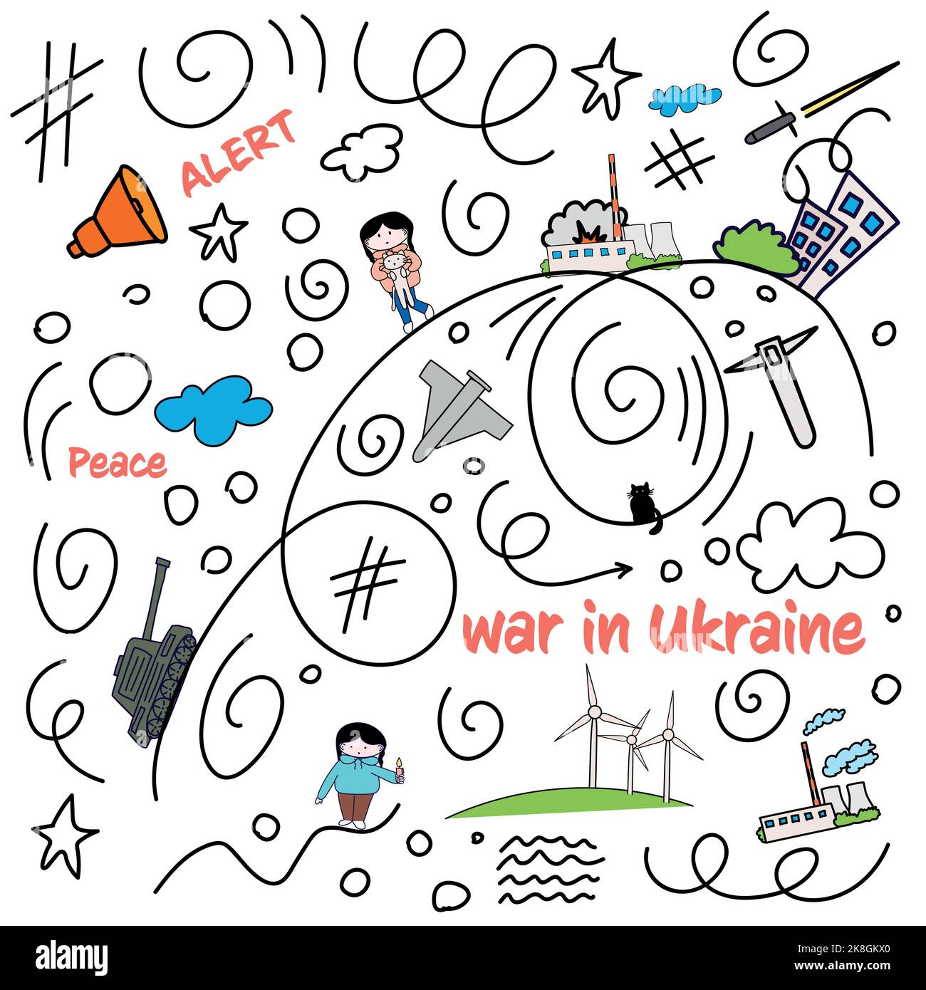 doodle verschiedener Elemente über den Krieg in der ukraine Stock Vektor