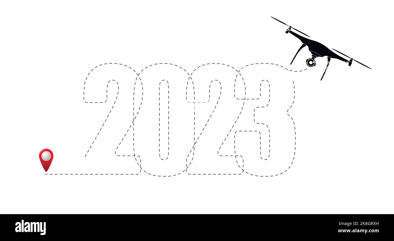 Frohe Weihnachten und Neujahr Konzept, Ziel mit 2023 Route. Drohnensteuerung und -Zeichnung. Stock Vektor