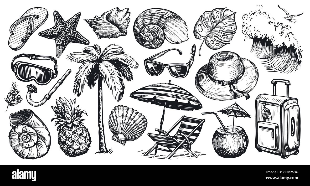 Skizze für Reisebilderung festlegen. Handgezeichnete Sammlungselemente. Urlaub am Strand, Meeresabenteuer-Konzept. Vintage-Vektor Stock Vektor