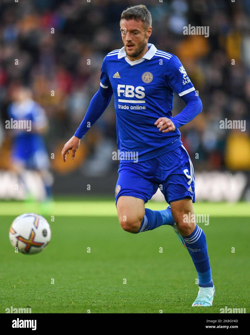 Jamie Vardy #9 von Leicester City während des Premier League-Spiels Wolverhampton Wanderers gegen Leicester City in Molineux, Wolverhampton, Großbritannien, 23.. Oktober 2022 (Foto von Mike Jones/News Images) Stockfoto