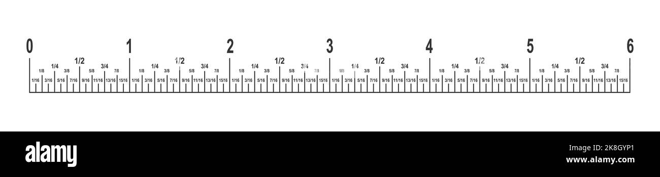 6-Zoll-Linealskala mit Brüchen. Längeneinheit im imperialen Messsystem Mathematik oder geometrisches Werkzeug mit Markierungen und Zahlen auf weißem Hintergrund isoliert. Vektordarstellung Stock Vektor