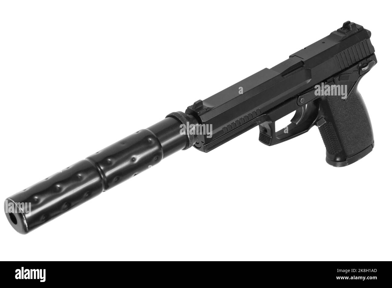 Spy Pistole mit Schalldämpfer auf weißem Hintergrund Stockfoto