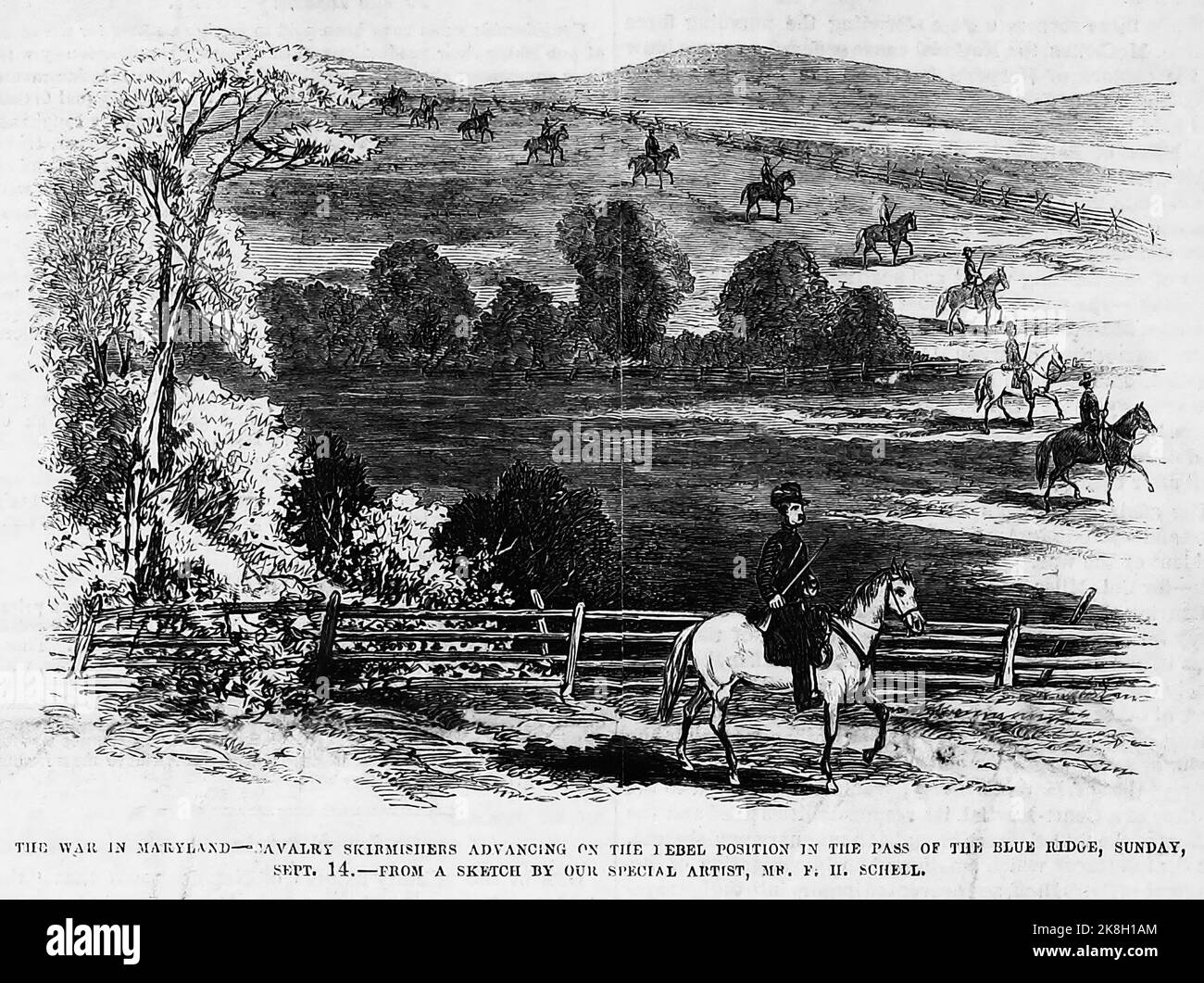 Der Krieg in Maryland - Kavallerie-Scharmützel, die auf der Rebellposition im Pass des Blue Ridge vorrücken, Sonntag, 14.. September 1862. Schlacht am South Mountain. Illustration des amerikanischen Bürgerkriegs des 19.. Jahrhunderts aus Frank Leslie's Illustrated Newspaper Stockfoto