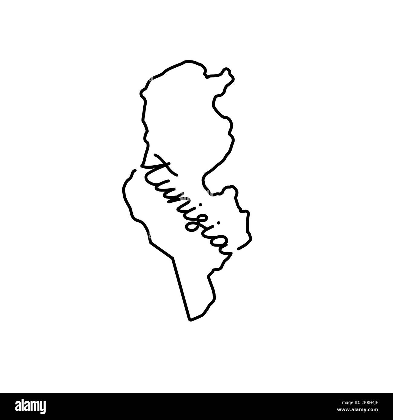 Tunesien skizzieren Karte mit dem handschriftlichen Namen des Landes. Kontinuierliche Linienzeichnung des patriotischen Heimatzeichens. Eine Liebe für eine kleine Heimat. Idee mit T-Shirt-Druck Stockfoto