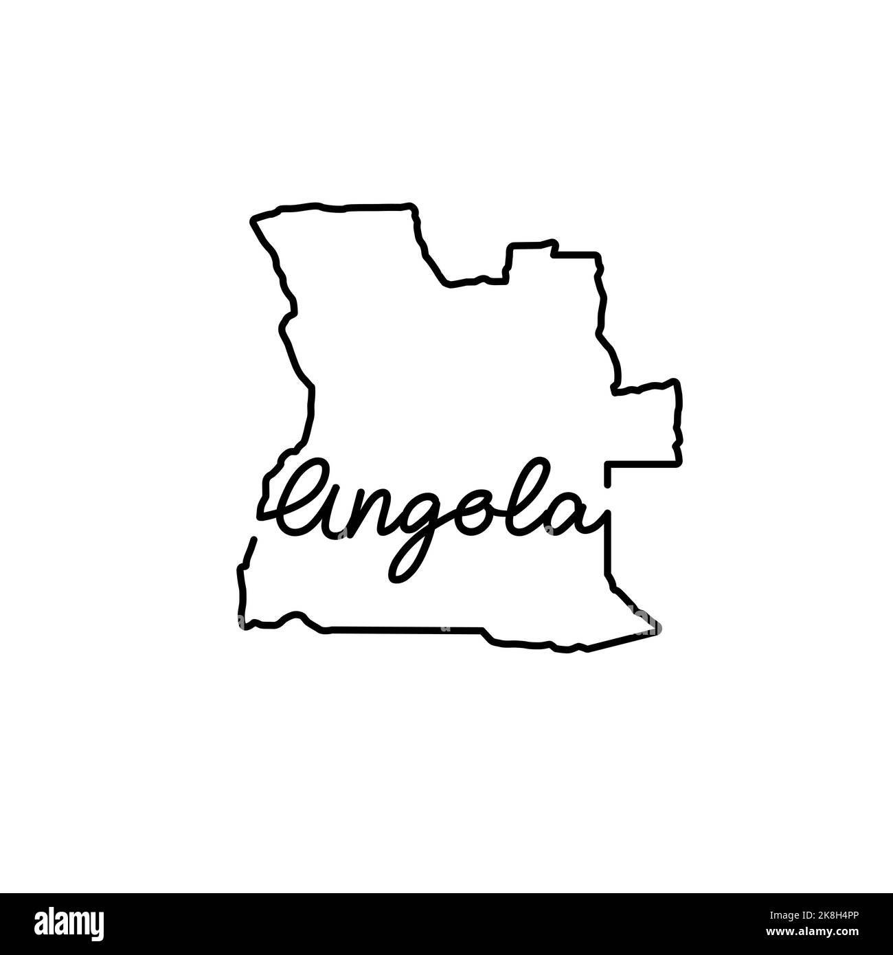 Angola umreißt Karte mit dem handschriftlichen Landesnamen. Kontinuierliche Linienzeichnung des patriotischen Heimatzeichens. Eine Liebe für eine kleine Heimat. Idee mit T-Shirt-Druck. Stockfoto