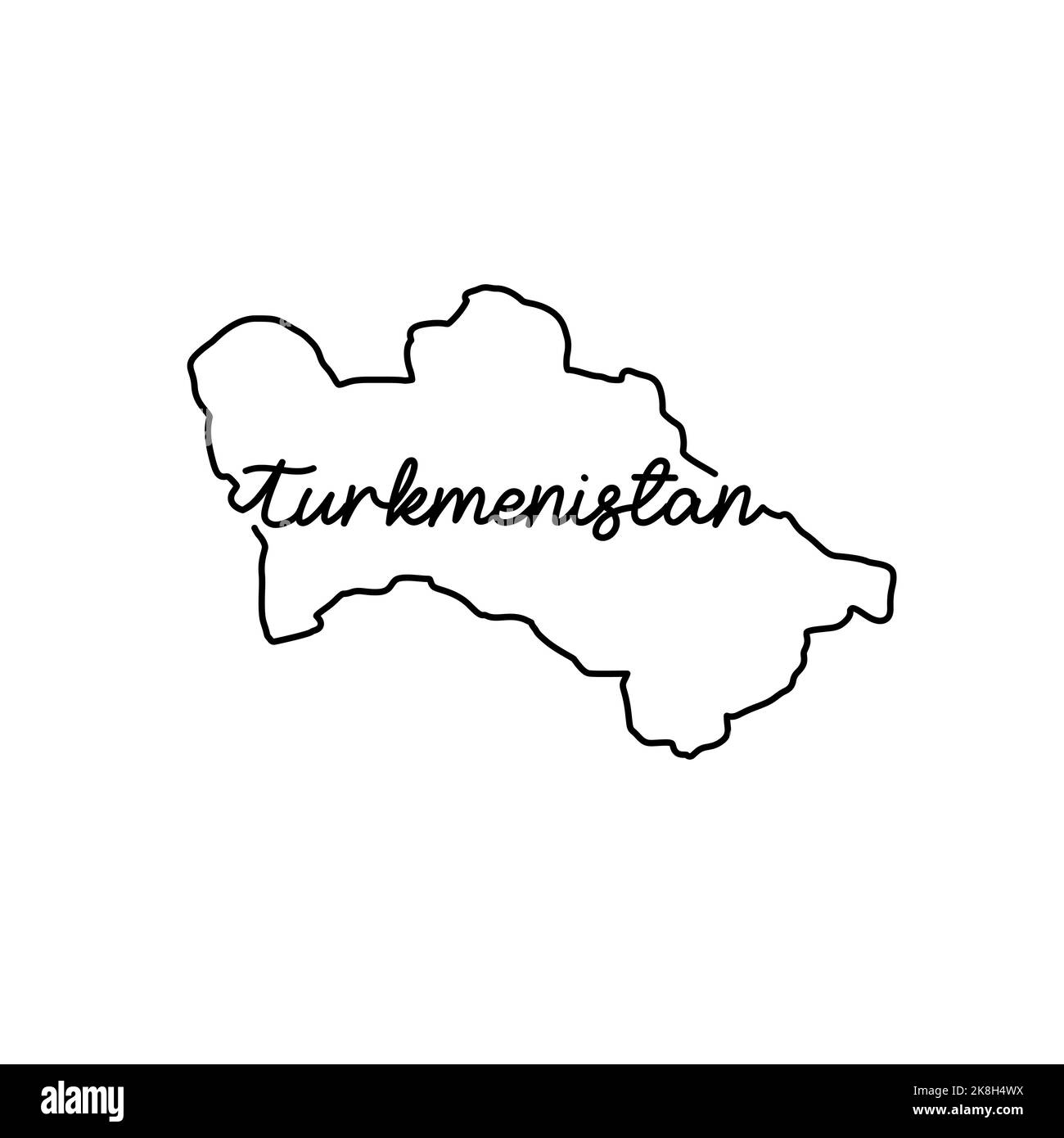 Turkmenistan umreißt Karte mit dem handschriftlichen Landesnamen. Kontinuierliche Linienzeichnung des patriotischen Heimatzeichens. Eine Liebe für eine kleine Heimat. T-Shirt-Druck Stockfoto