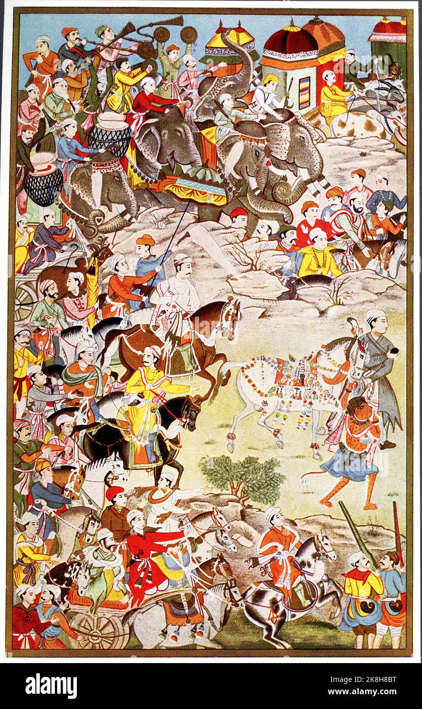 Die Bildunterschrift von 1910 lautet: 'Parade der Grand Mogul mit Kaiser Akbar dem Großen [1542-1605] - eine indische Miniatur aus einem handgeschehenen Bild aus der Mahabarata. Original in der Bibliothek in Jaipur.' Jaipur (ehemals Jeypore) ist die Hauptstadt und größte Stadt des indischen Bundesstaates Rajasthan. Stockfoto
