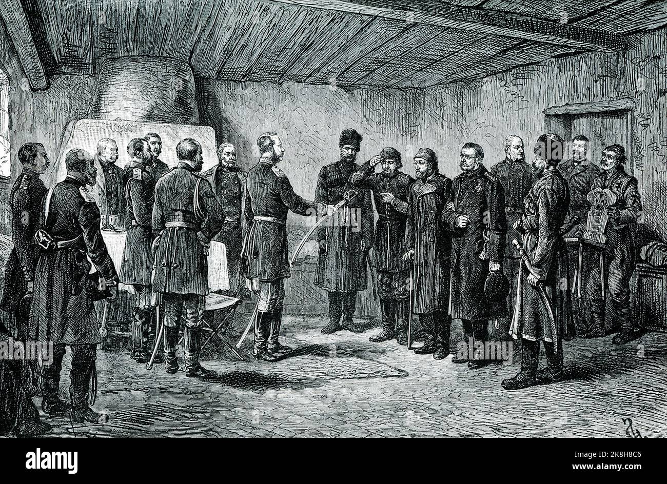 ALEXANDER II DIE WIEDERHERSTELLUNG DES OSMAN PASCHA-SCHWERTES. – Die einzige ernsthafte Kontrolle, die die Russen trafen, war in Plewna, wo Osman Pascha, der fähigste Soldat der Türkei, seine Truppen in die starke Festung warf und der Rus-Schlampe mehrere Monate lang Widerstand leistete. Als ihn der Hunger zur Kapitulation zwang, stellte der Zar selbst Osmans gefangenes Schwert als Tribut an seine Loyalität und seinen Mut wieder her. Stockfoto