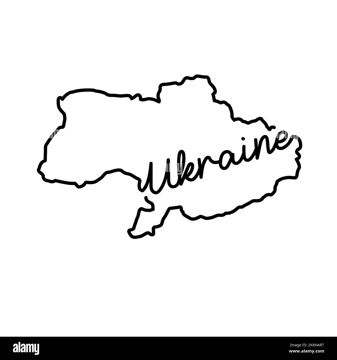Ukraine skizzieren Karte mit dem handschriftlichen Namen des Landes. Kontinuierliche Linienzeichnung des patriotischen Heimatzeichens. Eine Liebe für eine kleine Heimat. Idee mit T-Shirt-Druck Stockfoto