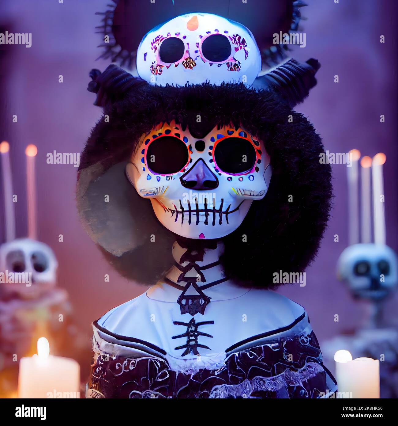 Mit Sugar Skull verzierte Skelette feiern das Day of the Dead Festival, Sugar Skull Make-up auf Androiden, Skull Candy und Halloween Stockfoto