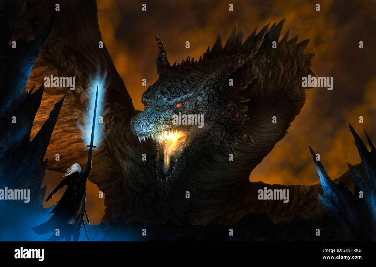 Ritter und Zauberer stehen konfrontieren Drachen bereitet sich auf den Kampf. Drachengeschichte von Mythos und Legende. Schwarzer Drache steht vor dem Schloss zerstören Hintergrund. Stockfoto