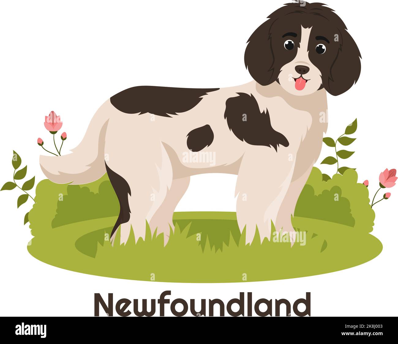 Neufundland Hund Tiere mit Schwarz, Braun oder Landseer Farbe in flachem Stil Cute Cartoon Template Handgezeichnete Illustration Stock Vektor