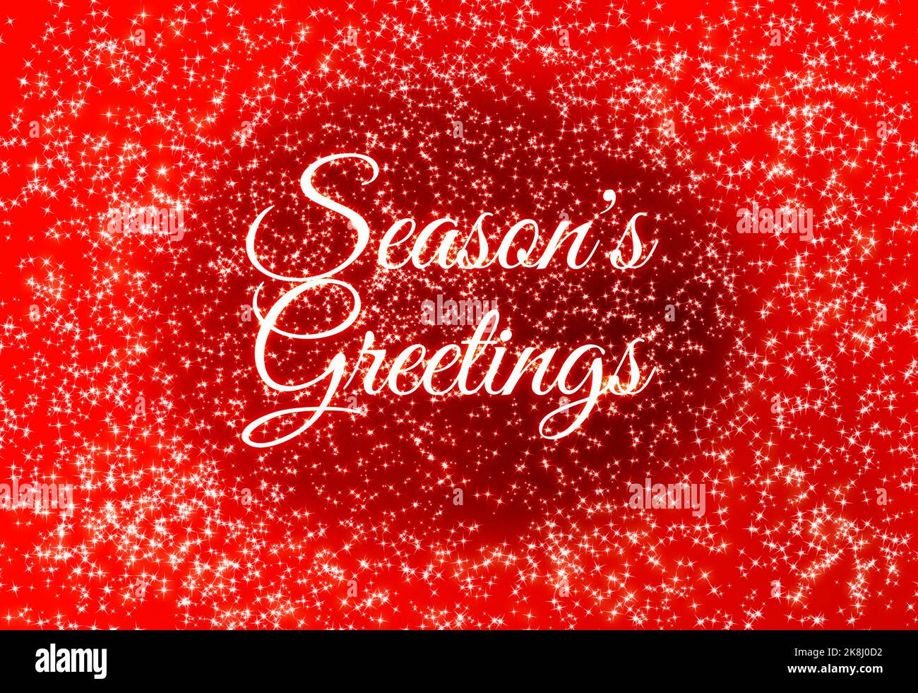 Grußtext der Saison mit Weihnachtssternen auf rotem Hintergrund. Weihnachtsfeier Konzept. Stockfoto