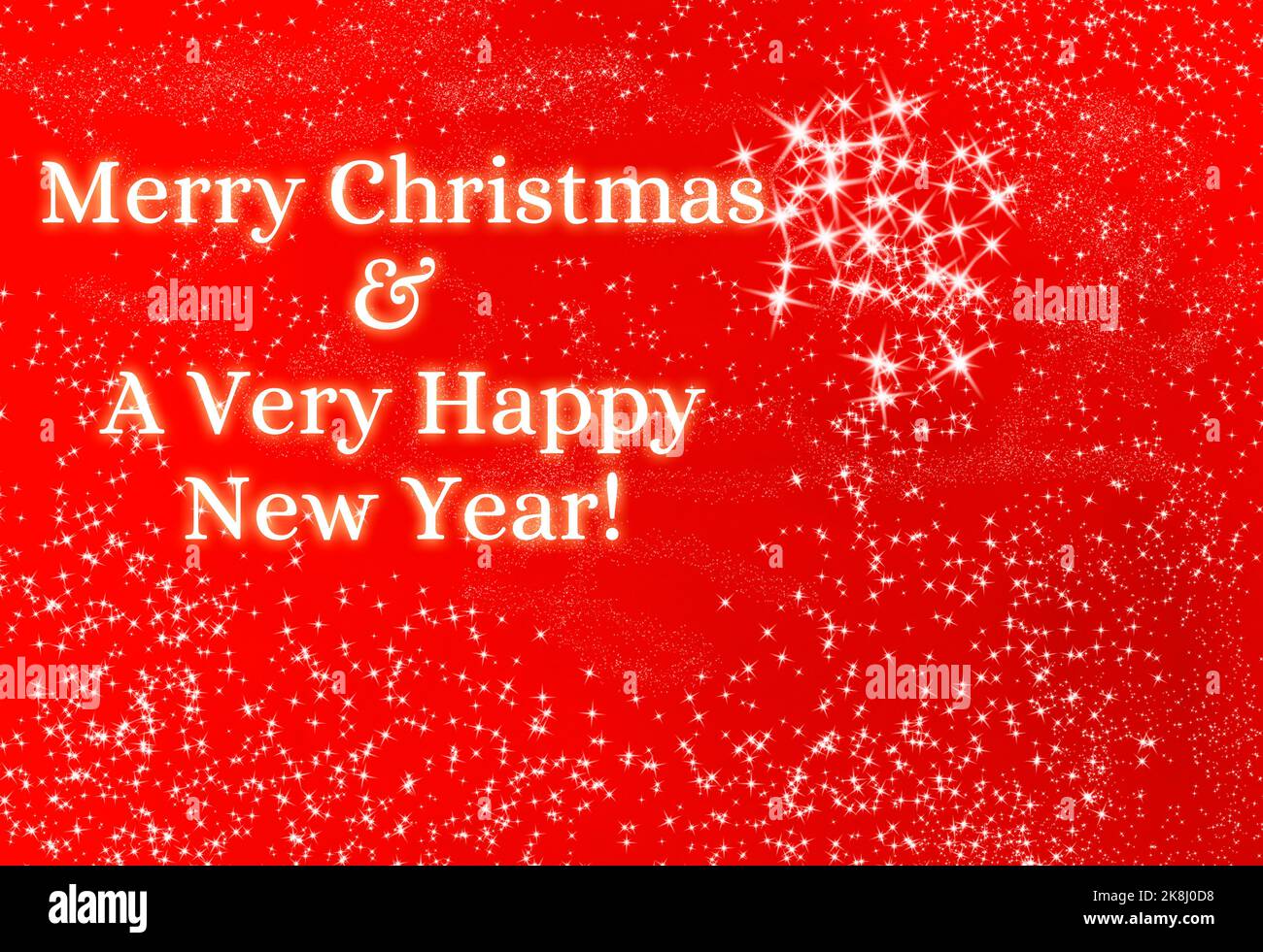 Frohe Weihnachten und frohe Neujahr mit weihnachtlich leuchtenden Sternen auf rotem Hintergrund. Weihnachtsfeier Konzept. Stockfoto
