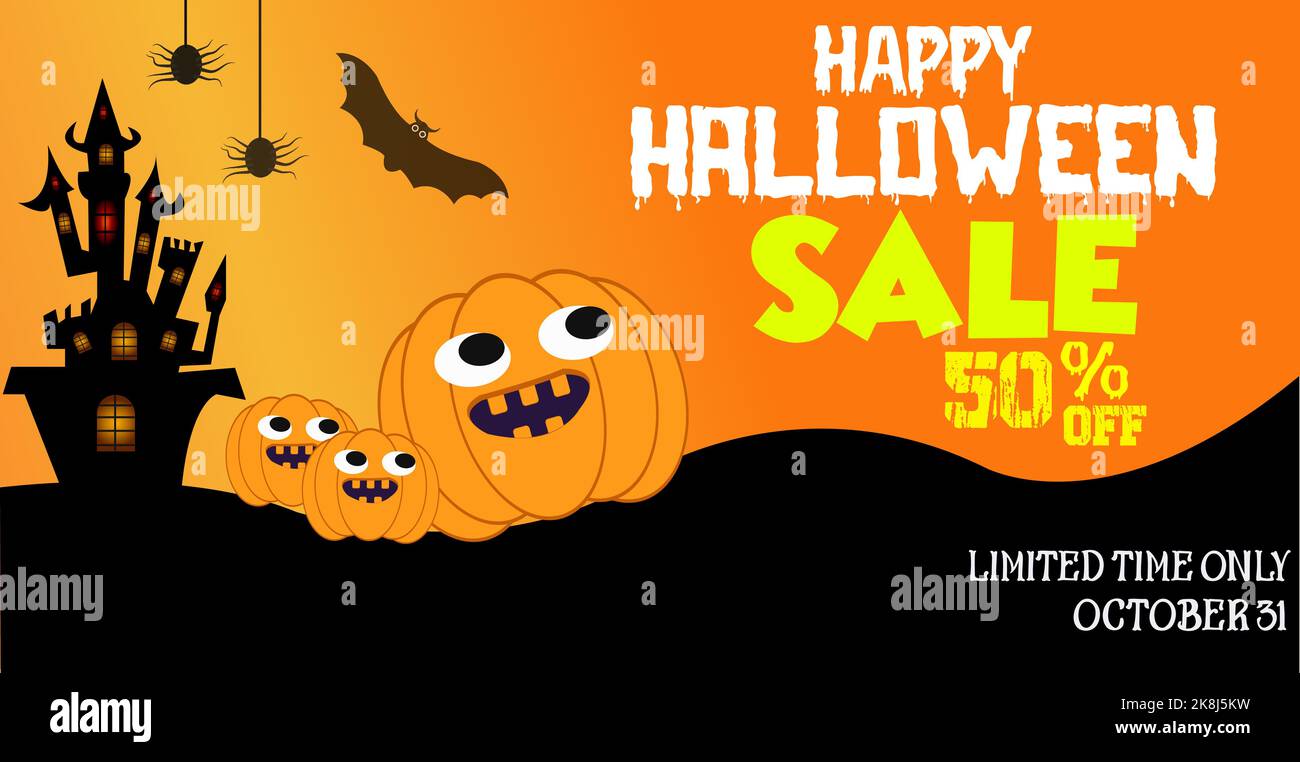 Halloween-Verkauf Promotion Poster Vorlage. Halloween Cute Kürbisse und Burg schwarze Fledermäuse, Spinne Spooky Silhouette Hintergrund. Stock Vektor