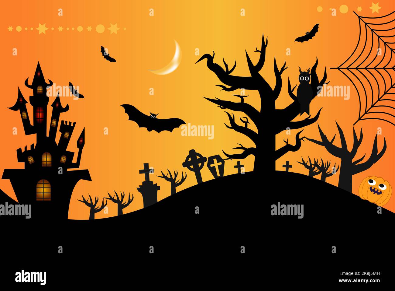 Halloween Hintergrund Copyspace, geheimnisvolle Landschaft Grabstein Friedhof, Cartoon Hexenhaus, Haunted House, Kürbisse Eule und Fledermäuse.Spooky Horor Cartoon Stock Vektor