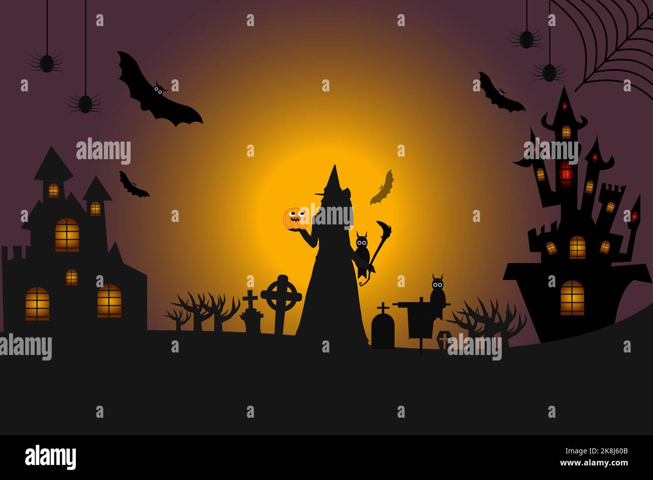 Halloween Hintergrund Copyspace, geheimnisvolle Landschaft Grabstein Friedhof, Cartoon Hexenhaus, Haunted House, Kürbisse Eule und Fledermäuse.Spooky Horor Cartoon Stock Vektor
