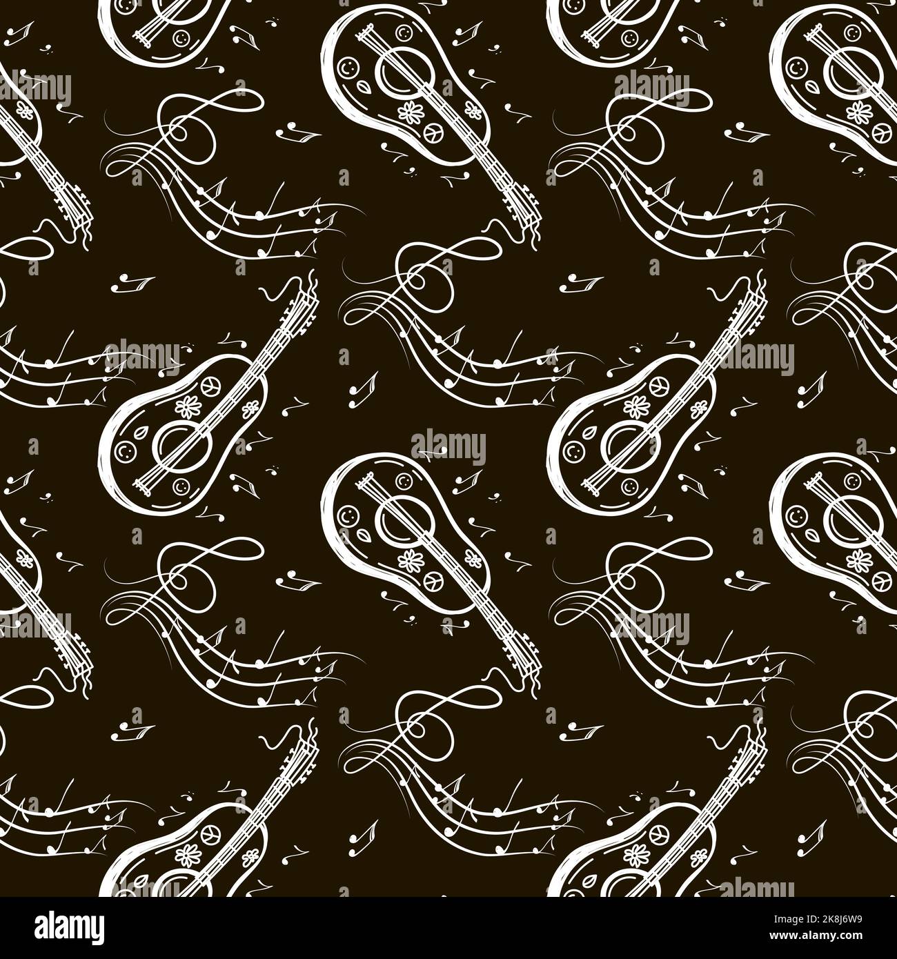 Ein nahtloses Muster aus musikalischen Symbolen, Gitarre, Ukulele, Noten und Geigenschlüsseln. Handgezeichnete Doodle-Stil-Elemente. Vektorgrafik auf schwarzem Backgro Stock Vektor