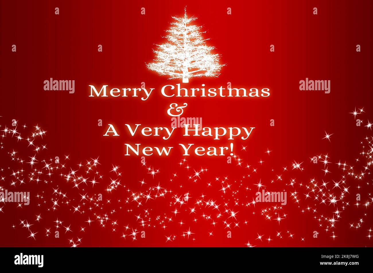 Frohe Weihnachten und ein glückliches Neues Jahr wünscht Text mit leuchtenden Sternen auf rotem Hintergrund. Weihnachtsfeier Konzept Stockfoto
