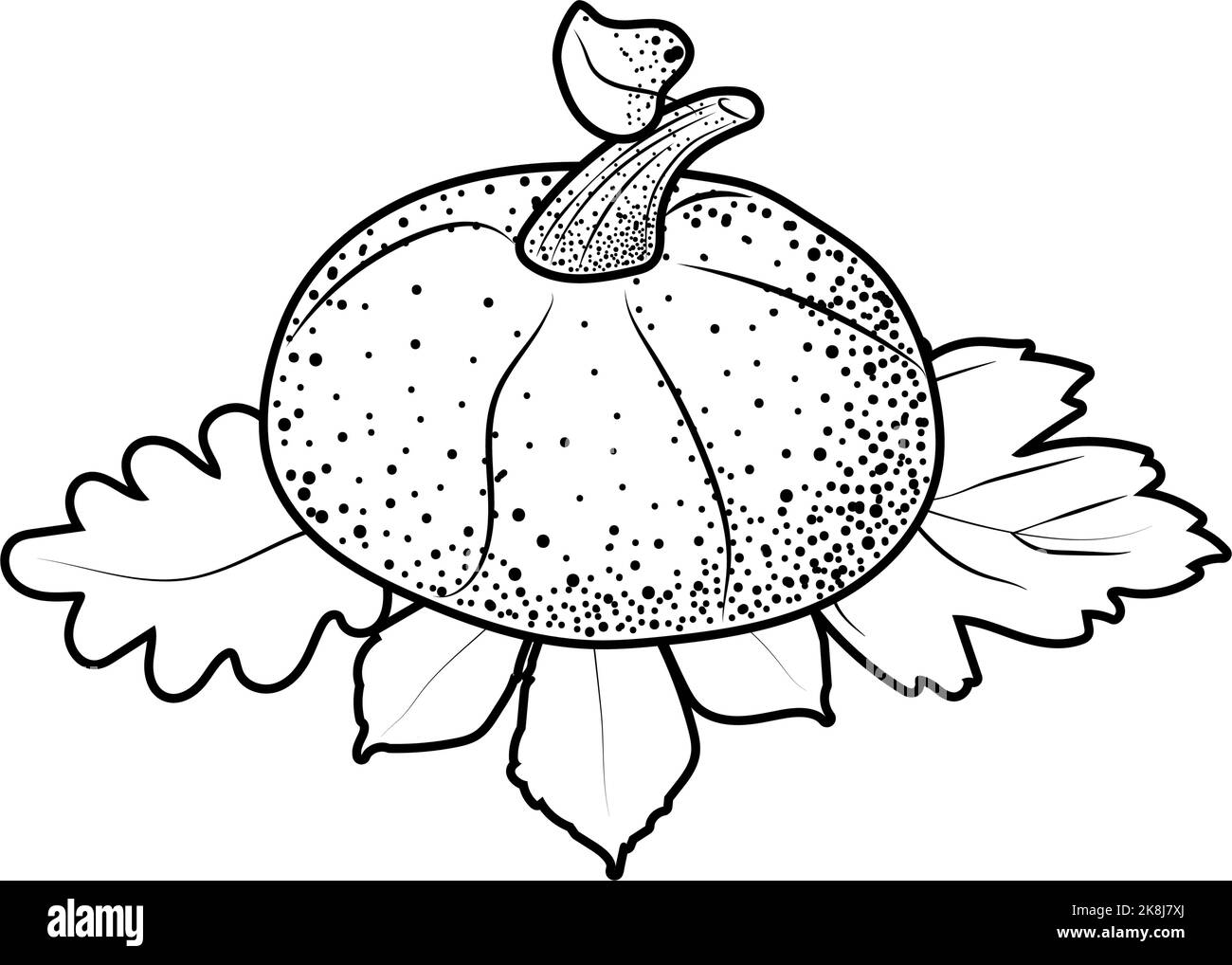 Großer Kürbis und Blätter, handgezeichnet im Skizzenstil. Ahornblätter. Herbstgemüse. Kürbis. Ein Symbol für Halloween und Thanksgiving Stock Vektor