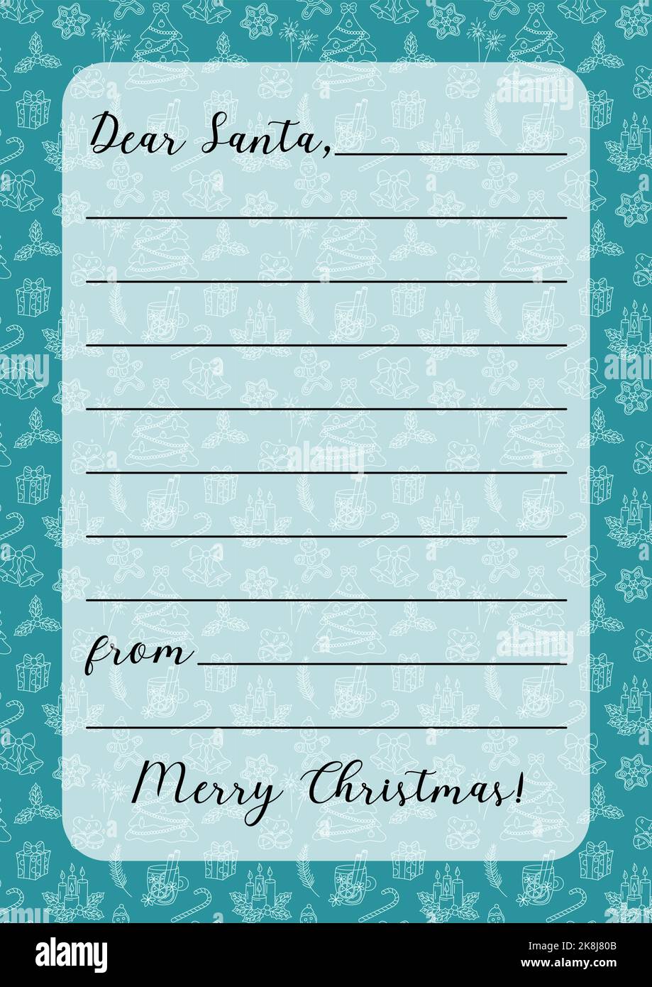 Brief an den Weihnachtsmann Vorlage. Weihnachten Wunschliste leer für Kinder. Einfaches niedliches Doodle-Design. Leere Weihnachts-Wunschliste mit Kopierplatz für Handschrift. Ve Stock Vektor
