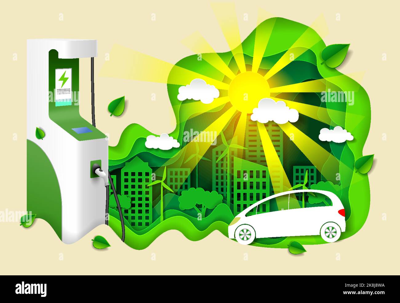 Elektroauto Ladegerät Station Papier Schnitt Vektor Stock Vektor