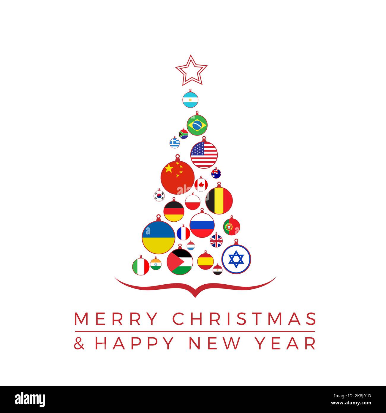 Weihnachtsbaum mit Nationalflaggen, Weltfrieden ohne Kriege. Vektorgrafik, Grußkarte. Stock Vektor