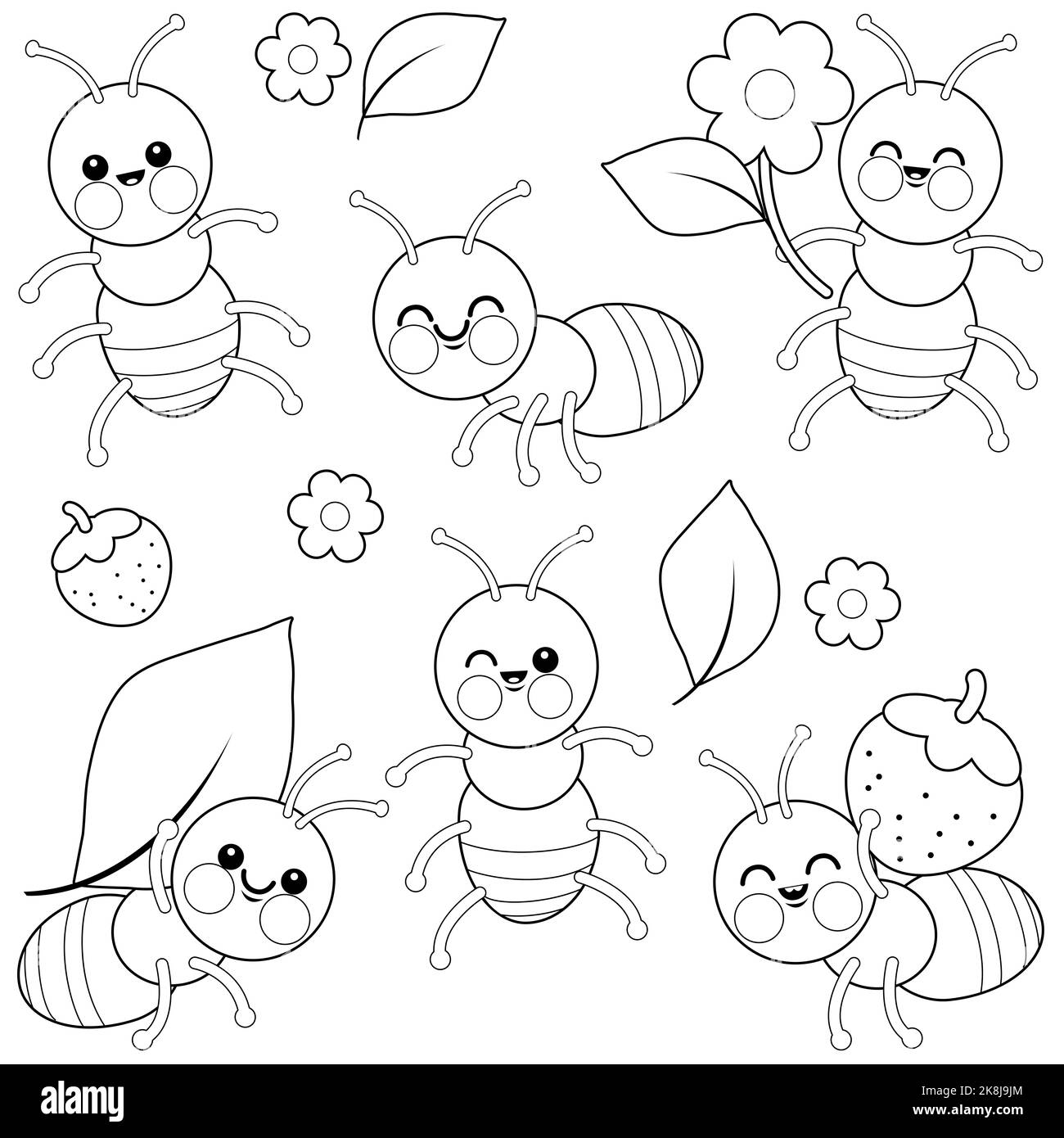 Niedliche Ameisenwanzen. Schwarz-Weiß-Malseite Stockfoto