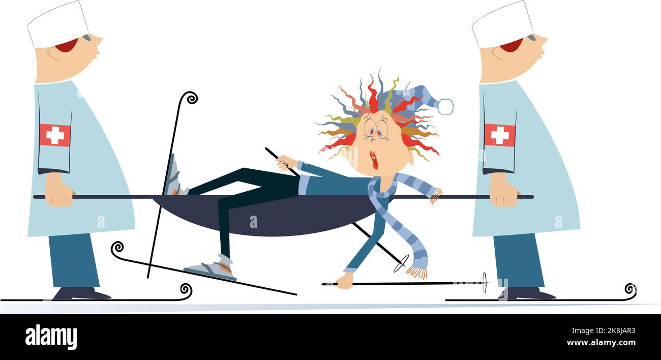 Verletzte Skifahrerin und zwei Ärzte mit einer Bahre Illustration. Zwei Ärzte tragen die verletzte Skifahrerin in einer auf Weiß isolierten Bahre Stock Vektor