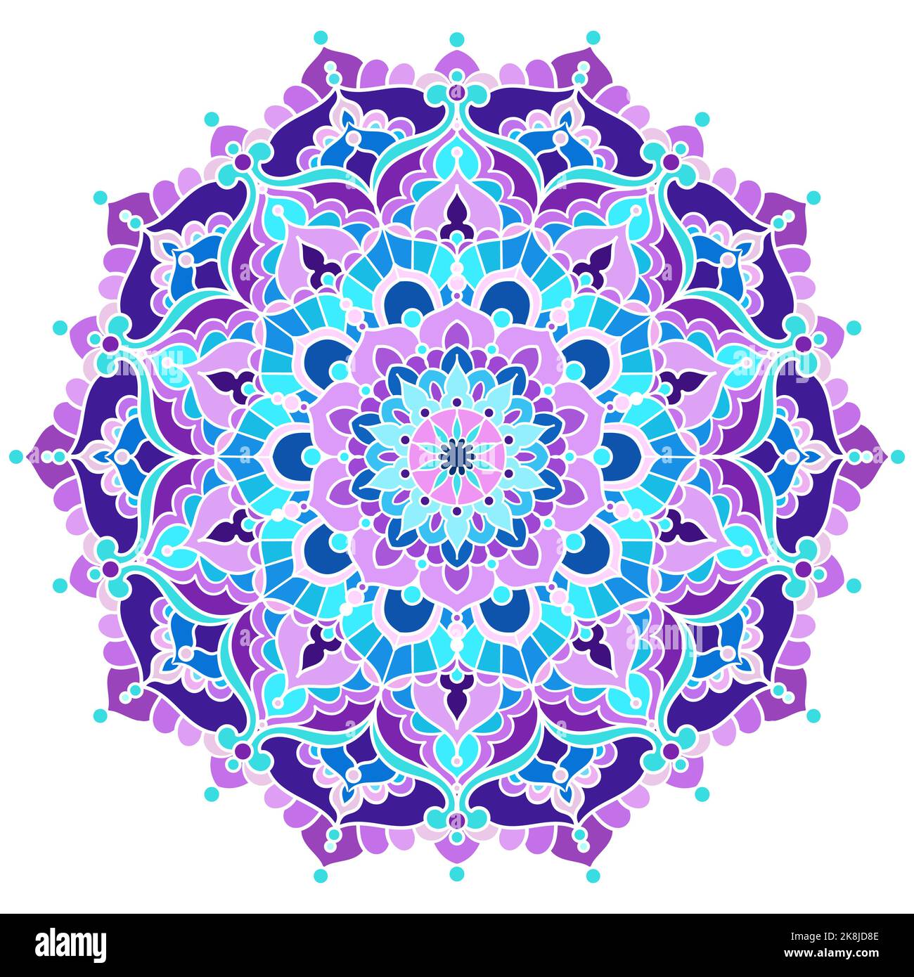 Farbiger Mandala auf weißem, isoliertem Hintergrund. Dekorativer Rundschmuck. Geeignet für Yoga, Meditationsposter, Banner, Tapete, Poster, Dekorativ Stock Vektor