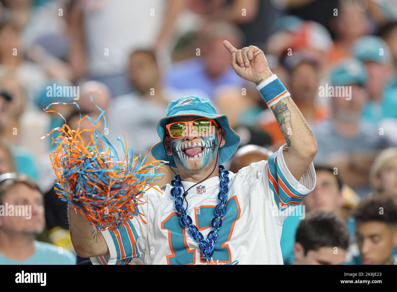 Sonntag, 23. Oktober 2022; Miami Gardens, FL USA; Ein Miami Dolphins Fan jubelt für dieses Team während eines NFL-Spiels gegen die Pittsburgh Steelers an Hard Stockfoto