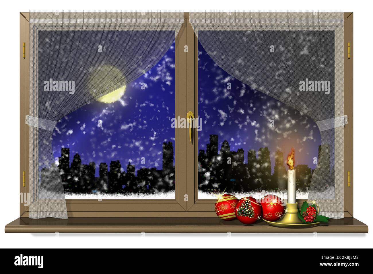 3D-Darstellung. Fenster mit Weihnachtsdekoration. Winter abend Landschaft. Stockfoto