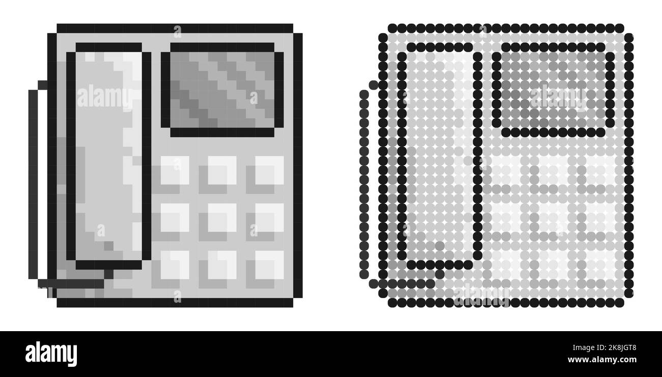 Pixelsymbol. Fest installiertes Bürotelefon mit Knöpfen. Kommunikation zwischen Teilnehmern. Einfache Retro-Spiel Vektor isoliert auf weißem Hintergrund Stock Vektor