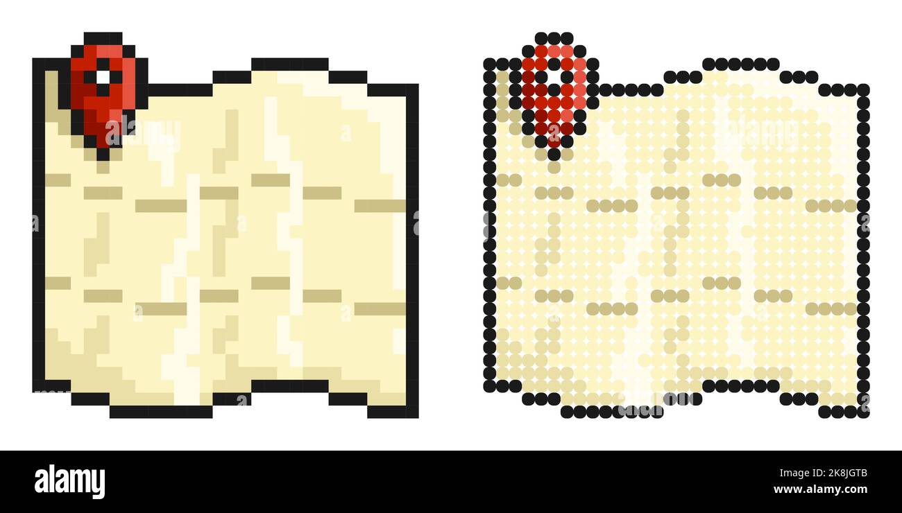 Pixelsymbol. Karte mit Checkpoint-Markierung. Navigation auf Papierkarte mit GPS-System. Einfache Retro-Spiel Vektor isoliert auf weißem Hintergrund Stock Vektor