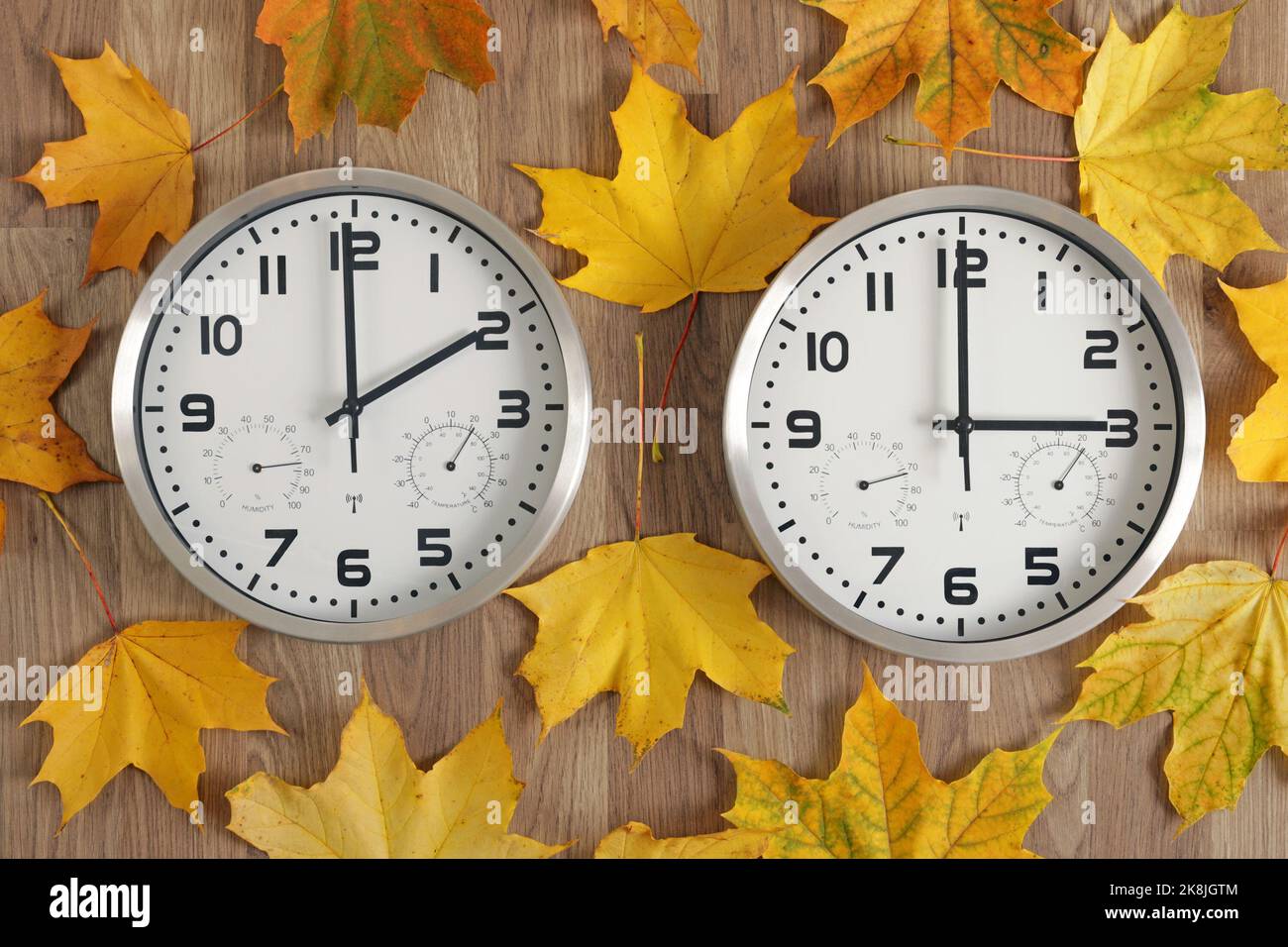 Zwei Uhren, eine auf zwei Uhr, die andere auf drei Uhr. Symbol für Zeitänderung. Herbstlaub. Stockfoto