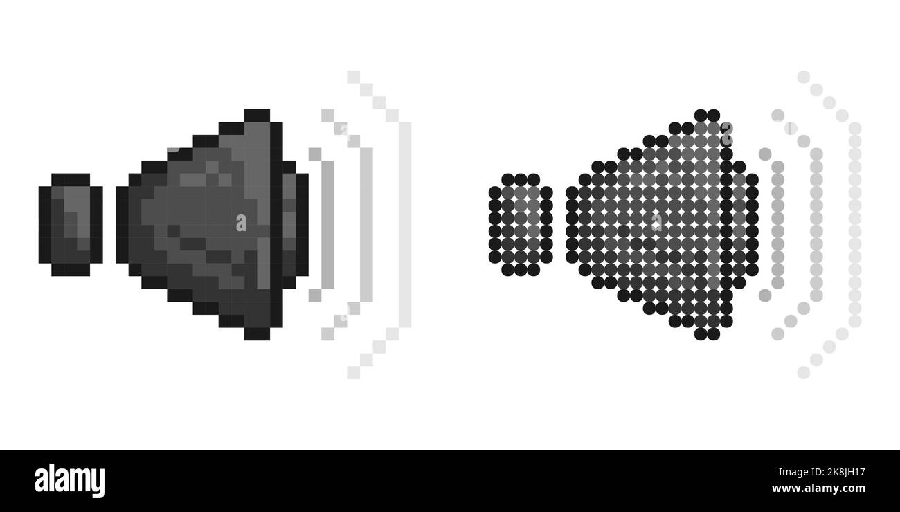 Pixelsymbol. Musiklautsprecher mit Schallwelle. Lautstärkeregelung. Einfache Retro-Spiel Vektor isoliert auf weißem Hintergrund Stock Vektor