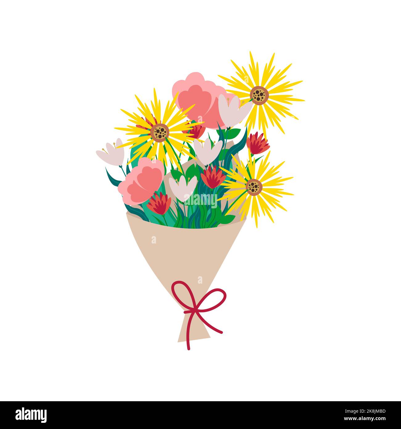 Ein Strauß verschiedener Blumen, umhüllt von Kraftpapier. Vektorgrafik im flachen Stil isoliert Stock Vektor